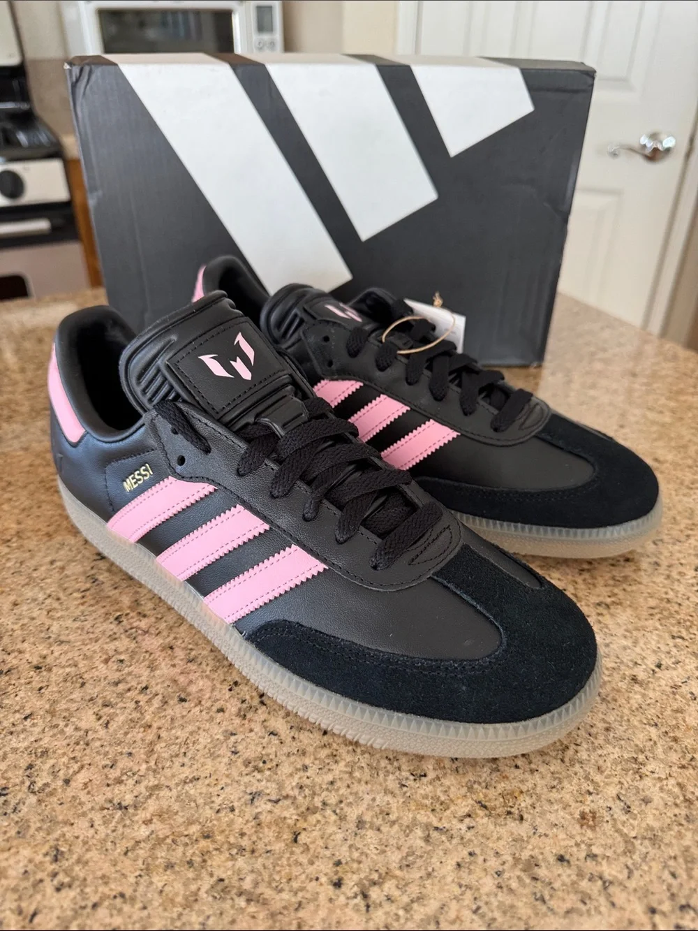 adidas Samba MESSI SOCCER Black with Pink Stripes and Gum Sole 8.5 men/9.5 women
